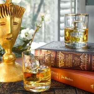 NIB Set of 4 Burns Glass gold double rim double old fashioned 11 3/4 Oz